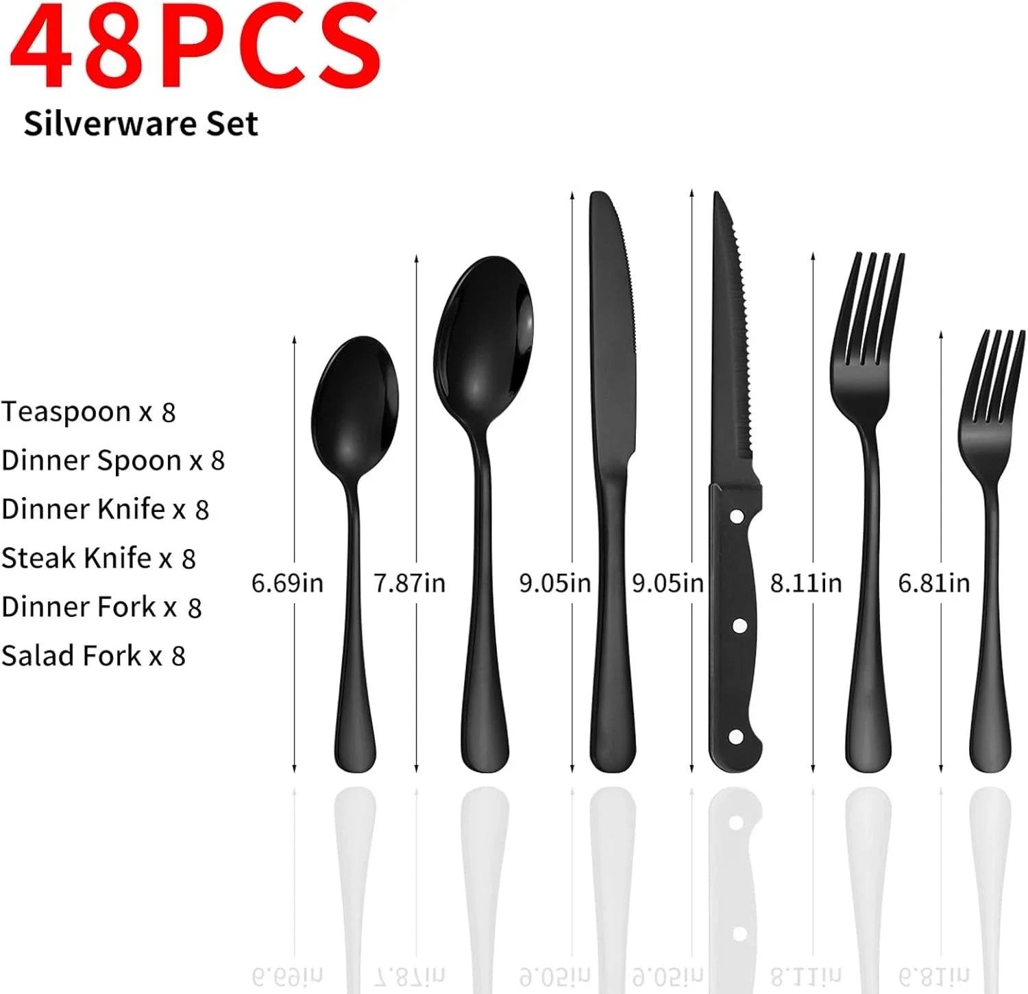 48-Piece Black Silverware Set with Steak Knives Black Stainless Steel Flatware