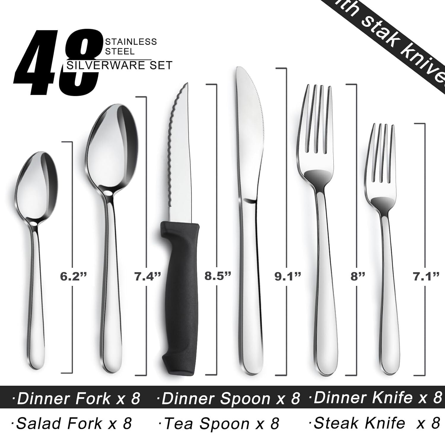 48 Pcs Silverware Set for 8 Stainless Steel Flatware Cutlery Utensil Kitchen New
